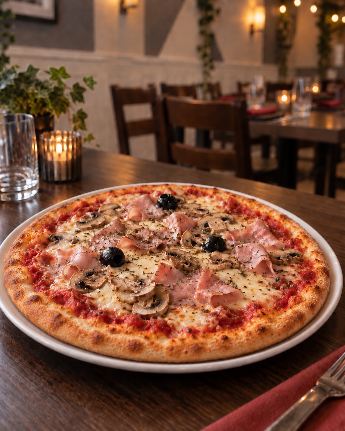 Pizza garnie de jambon, champignons et olives, servie sur assiette blanche